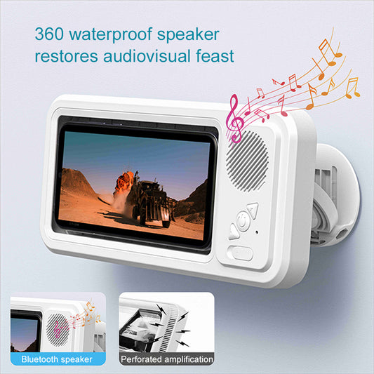 Waterproof phone holder with Bluetooth speaker and 360° rotation for bathroom use.
