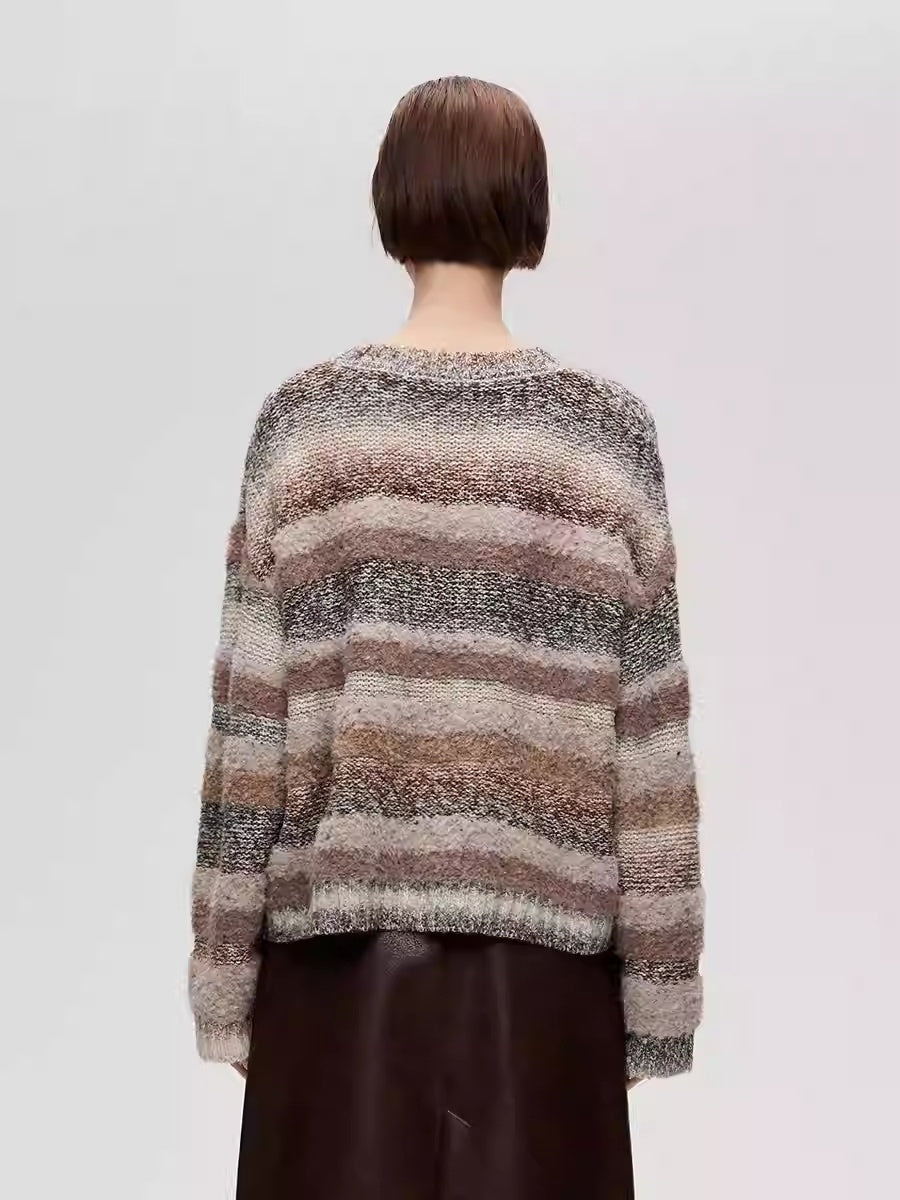 Gradient Striped Round Neck Loose-fitting Drop Shoulder Knit Sweater