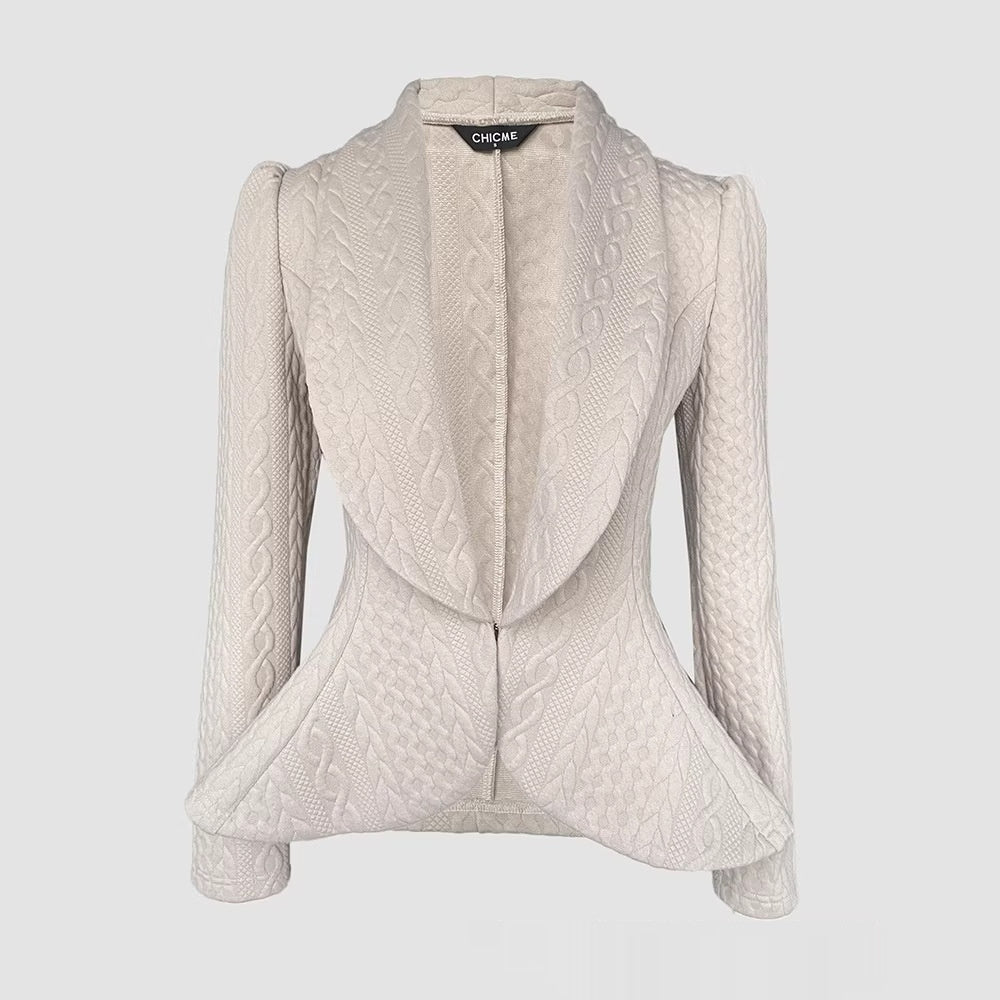 Womens Knitted Jacquard Lapel Fitted Waist Long Sleeve Coat