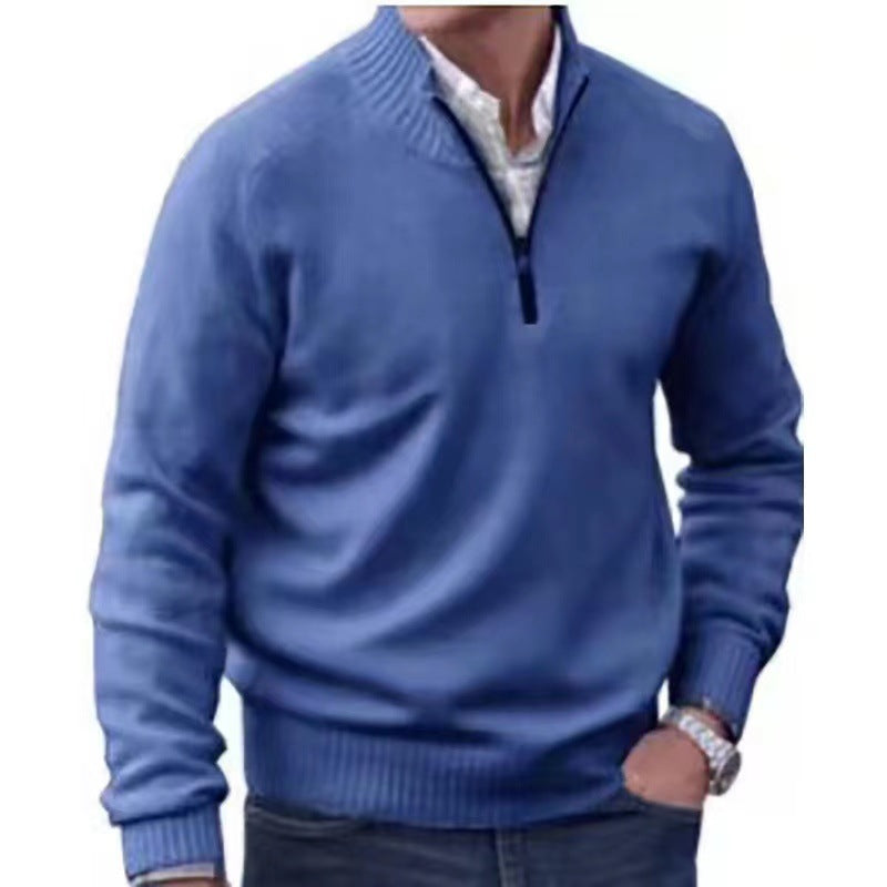 Men's Pullover Sweater Fashion Zipper Stand Collar Knitted Top Casual Solid Color Sweatshirt Clothing