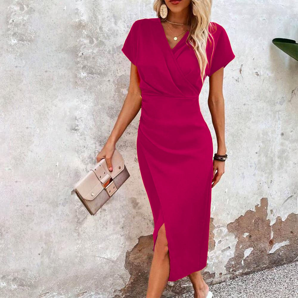 Slim-fit Short-sleeved Dress Fashion Sexy Split V-neck Dress Summer