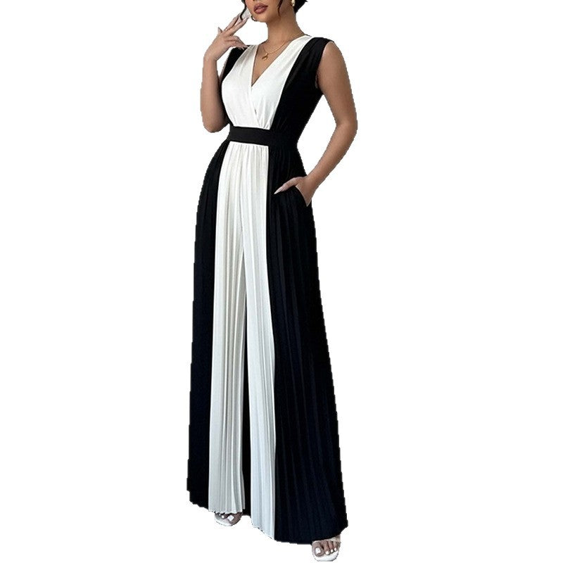 Women’s Elegant Long-Sleeve V-Neck Printed Jumpsuit