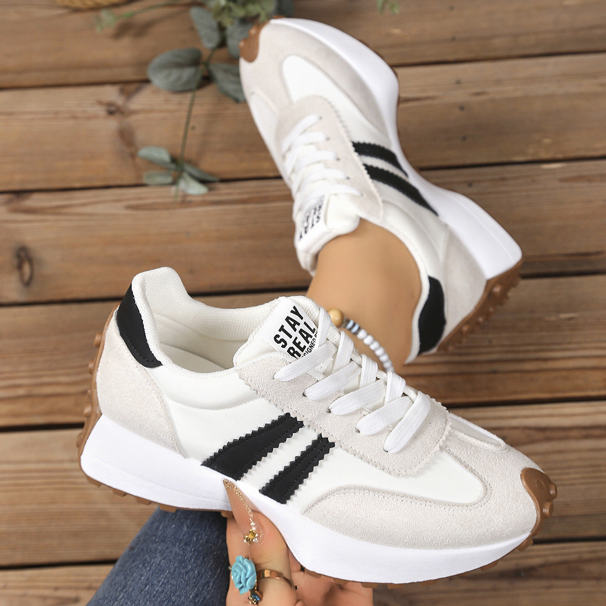 Stripe Lace-up Sneakers Women's Thick Bottom Casual Shoes Breathable Sports Shoes