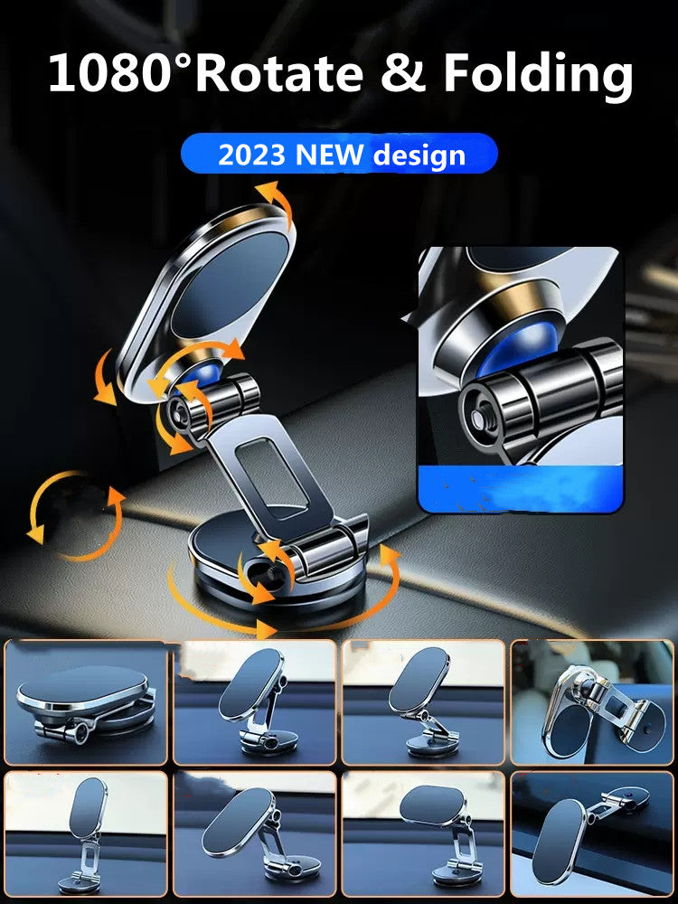 Foldable magnetic car phone holder with 360° rotation for secure hands-free use.