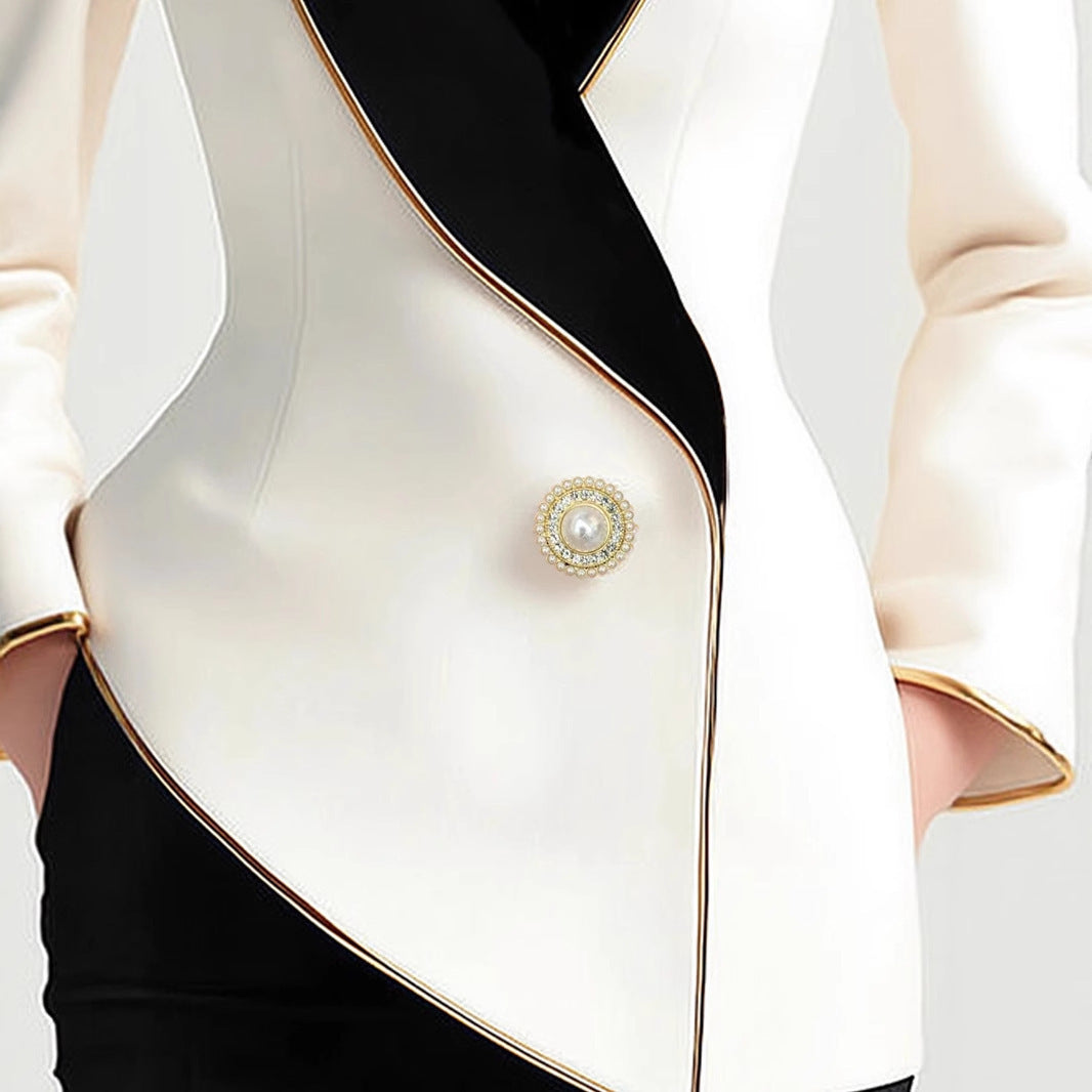 Fashion Irregular Women's Golden Edge Pearl Button Long Sleeve Coat