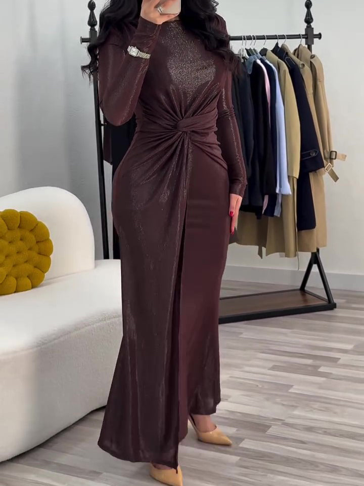 Metallic Muslim Maxi Dress With Twist Front Detail And Long Sleeves