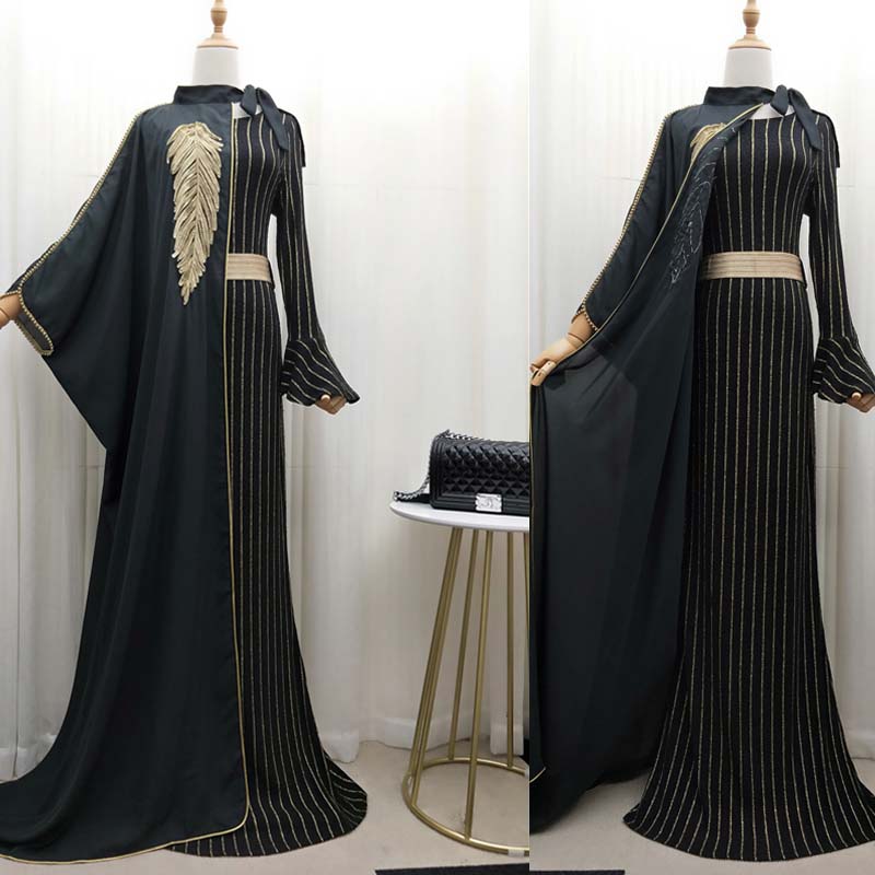 Queen Style Split Two-piece Suit Striped Robe Dress Pearl Embroidery Talma Cloak for Muslim Women
