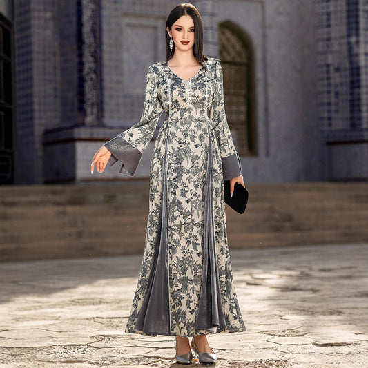 V-neck Satin Printed Muslim Dress