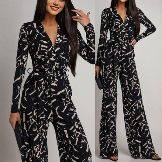 European And American V-neck Printed Long-sleeve Jumpsuit