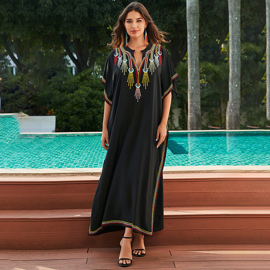 Women's Cotton Beach Cover-up Robe Style Loose Embroidery Abaya Dress