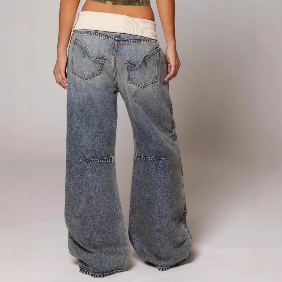 Loose-fitting Straight-leg Jeans With Pockets Fashion Casual Trousers Street-style Pants