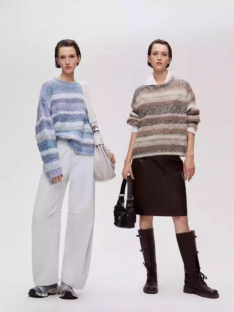 Gradient Striped Round Neck Loose-fitting Drop Shoulder Knit Sweater