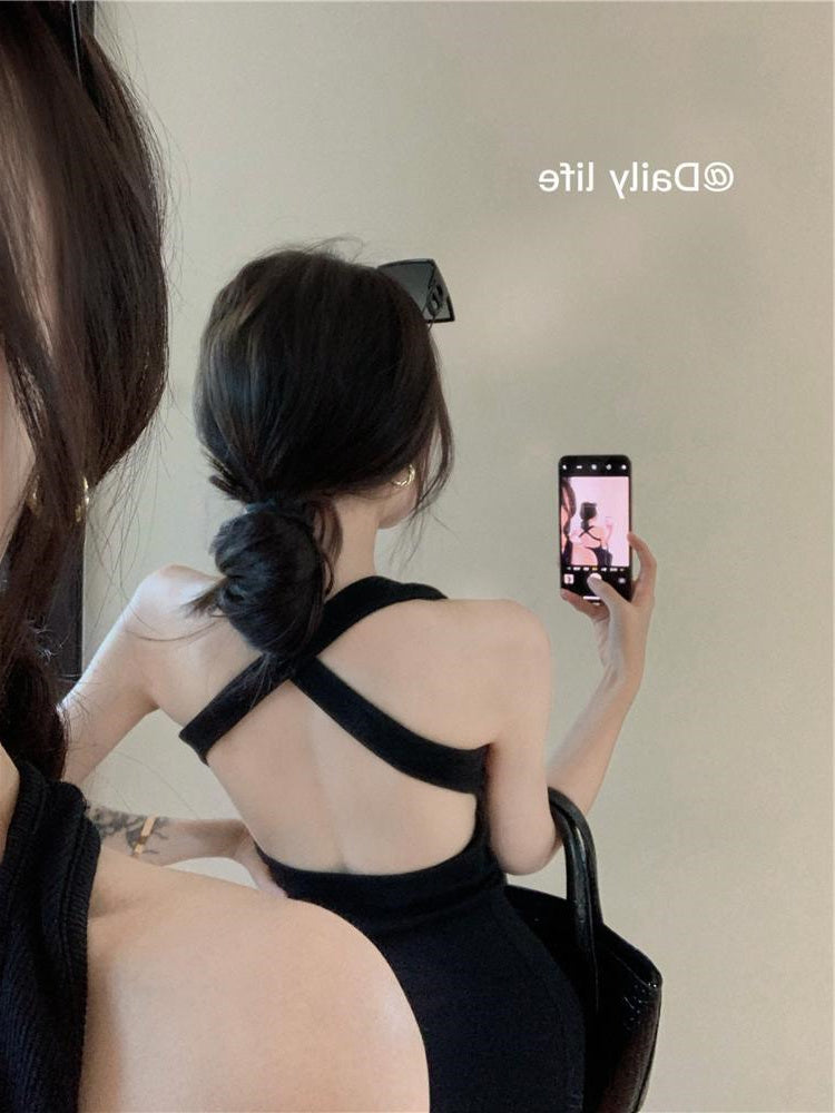 Cross Backless Halter Vest Skirt