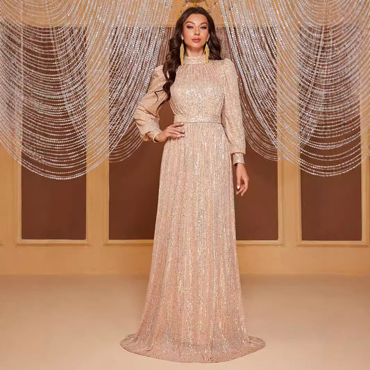 Pure Color Sequins Long Sleeve Stand Collar Evening Long Dress Simple And Elegant Arabian Women