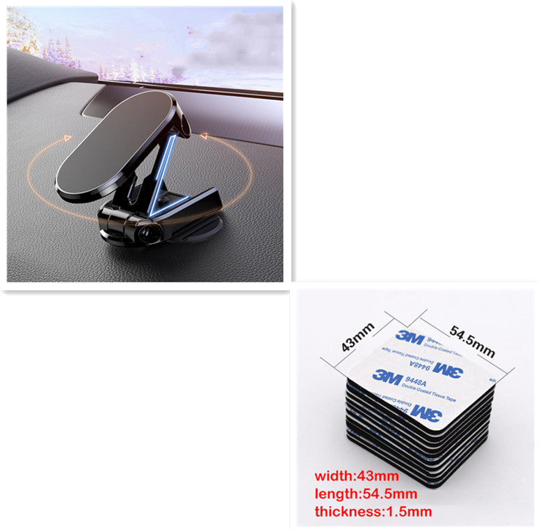 Foldable magnetic car phone holder with 360° rotation for secure hands-free use.