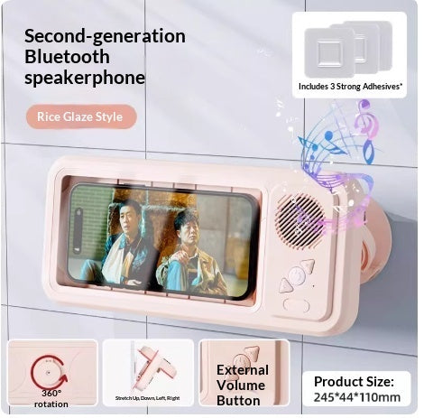 Waterproof phone holder with Bluetooth speaker and 360° rotation for bathroom use.