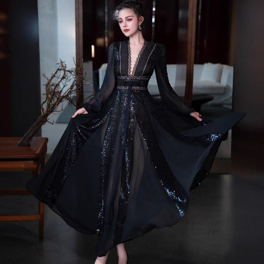 V-neck Long Sleeve Big Hem Arabian Luxury Style Dress