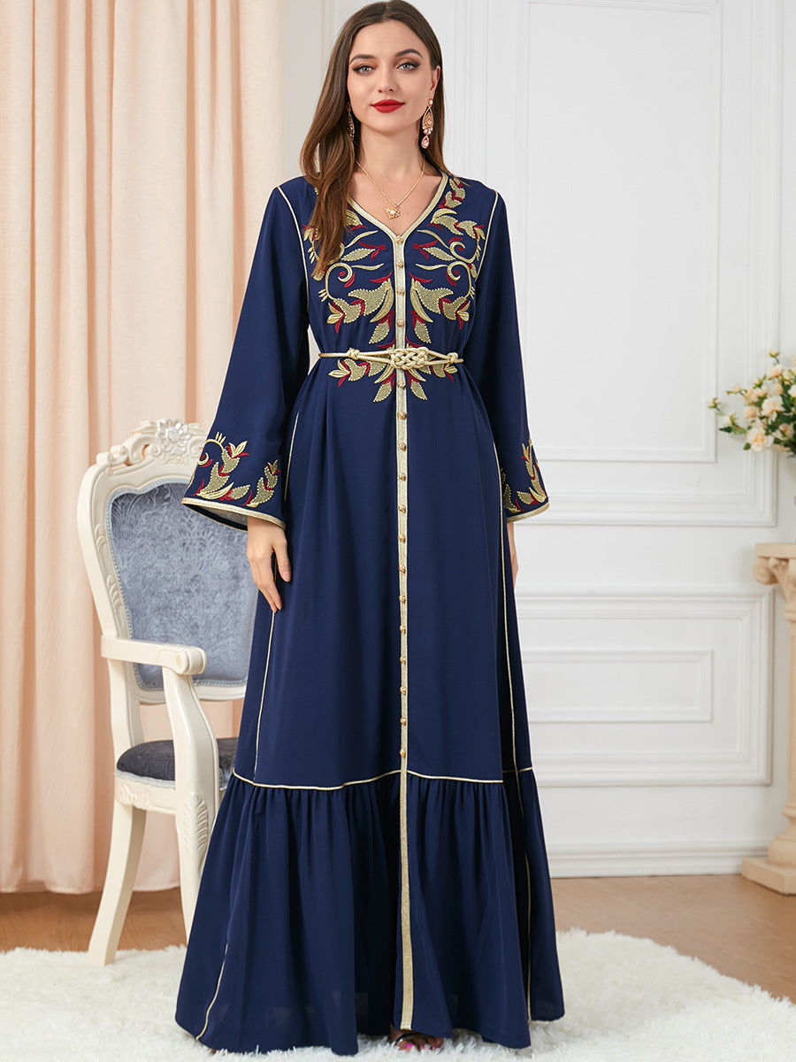 Women's Arabic Dress Embroidery Round-neck Long-sleeved Dress