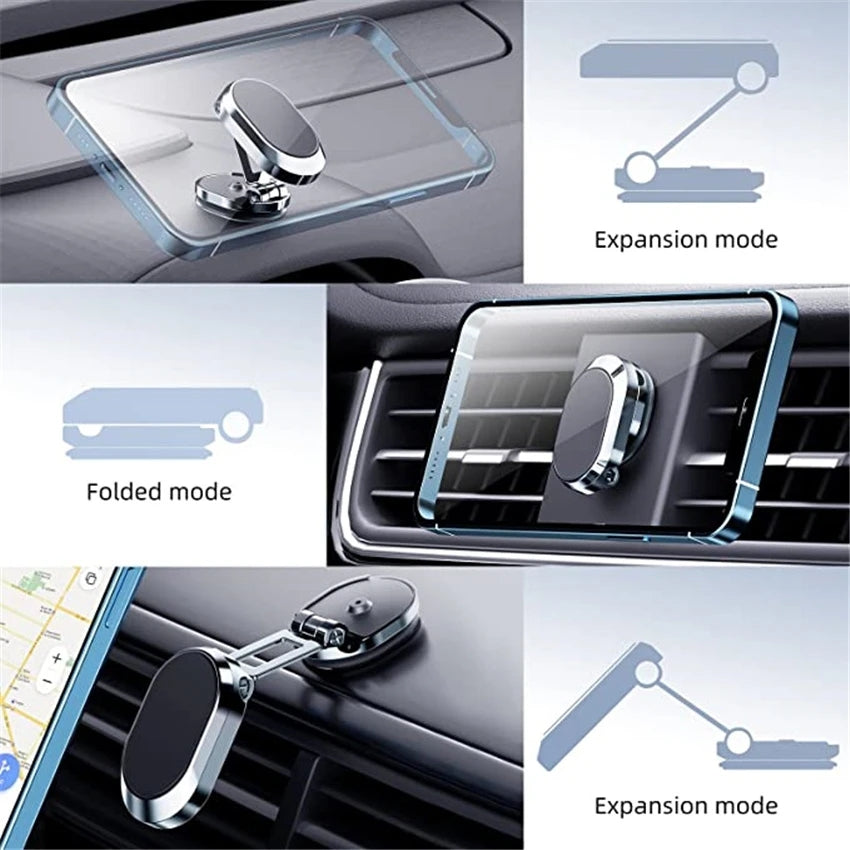 Foldable magnetic car phone holder with 360° rotation for secure hands-free use.
