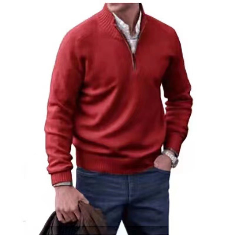 Men's Pullover Sweater Fashion Zipper Stand Collar Knitted Top Casual Solid Color Sweatshirt Clothing
