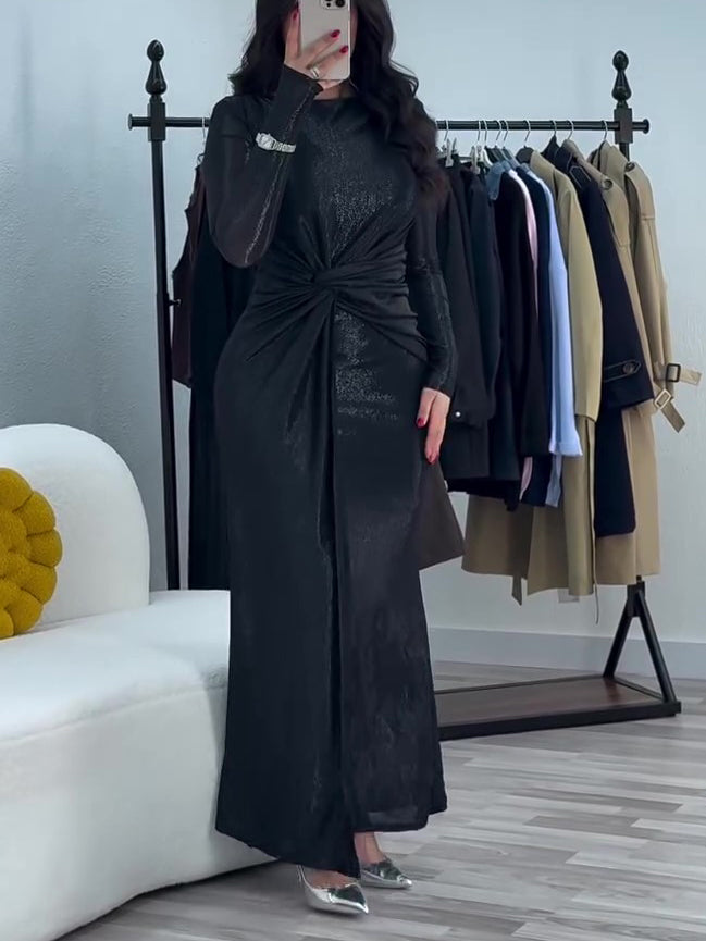 Metallic Muslim Maxi Dress With Twist Front Detail And Long Sleeves