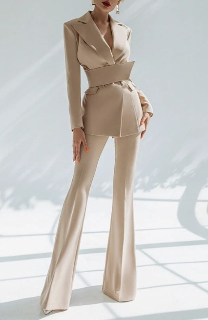 Belted Waist Lapel 2-Piece Suit