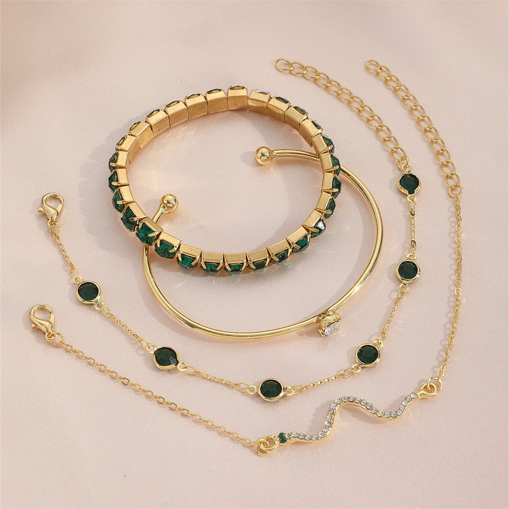 4pcs Bracelet Suit Fashion Green Grandmother Diamond Stretch Bracelet Women's Set
