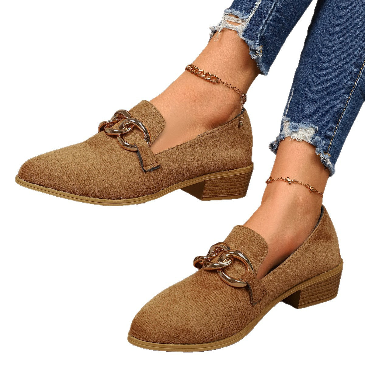 Womens Chunky-heel Pumps With An Elegant Metal Chain And Round Toe