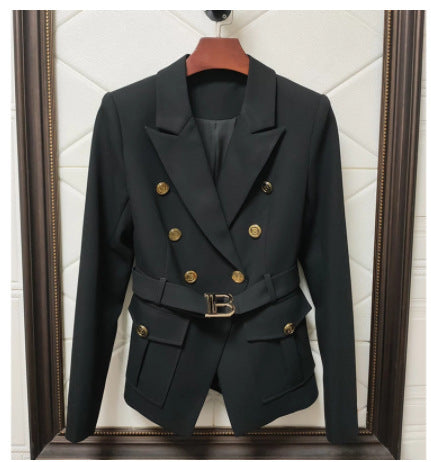 Women's Belt Metal Buckle Black And White Two Color Pocket Coat