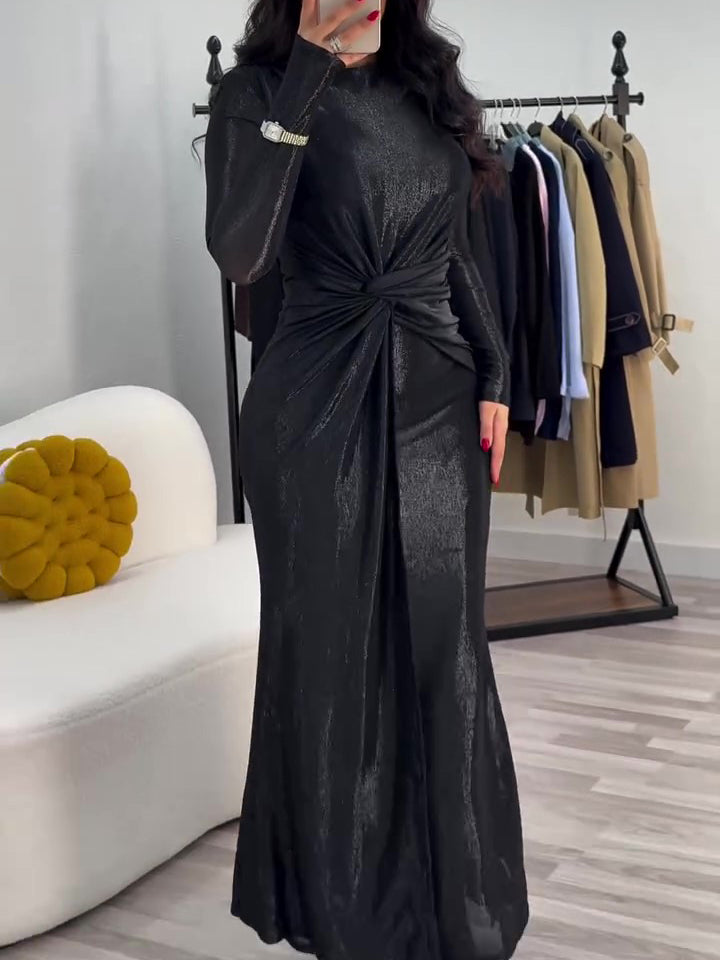 Metallic Muslim Maxi Dress With Twist Front Detail And Long Sleeves