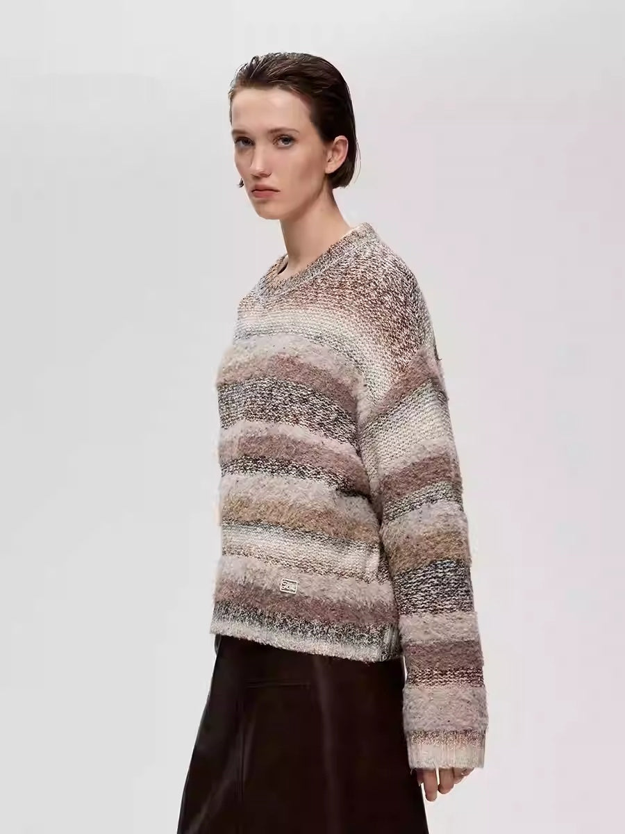 Gradient Striped Round Neck Loose-fitting Drop Shoulder Knit Sweater