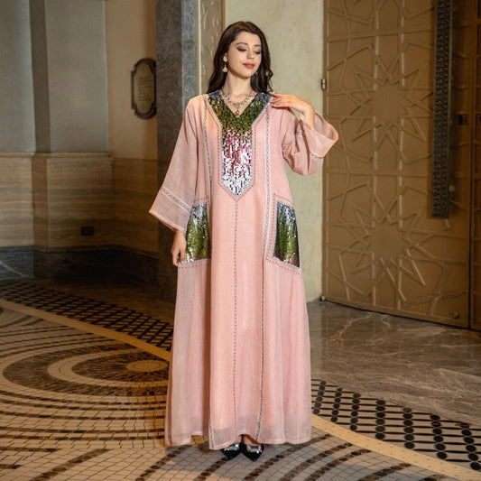 V-neck Sequins Embroidered Arabian Women's Clothing Loose Dress