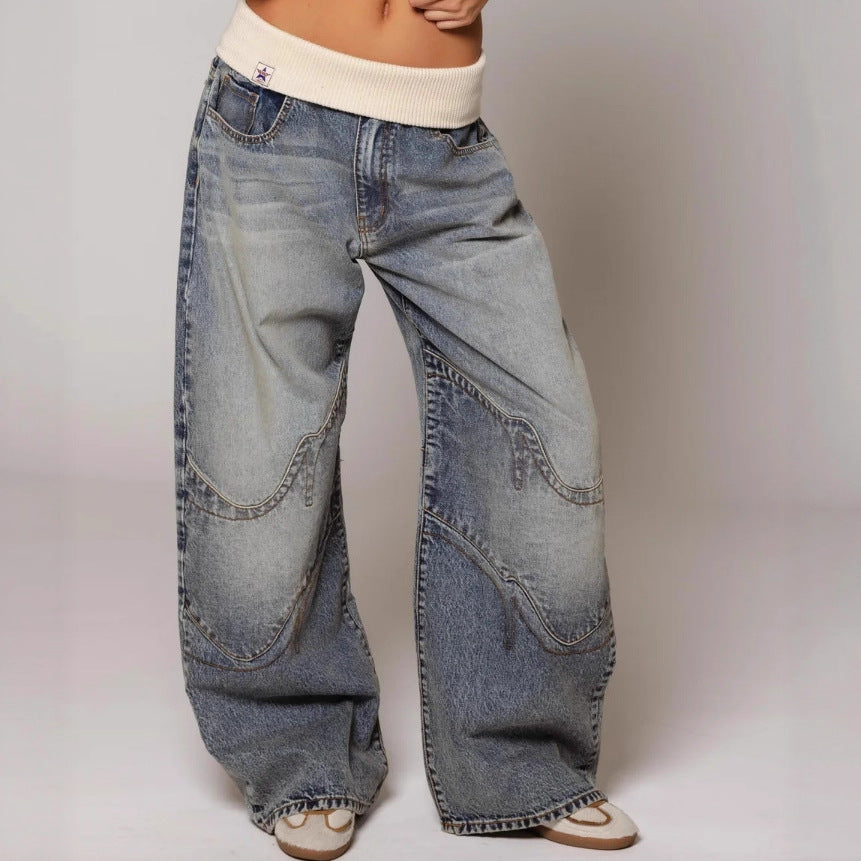 Loose-fitting Straight-leg Jeans With Pockets Fashion Casual Trousers Street-style Pants