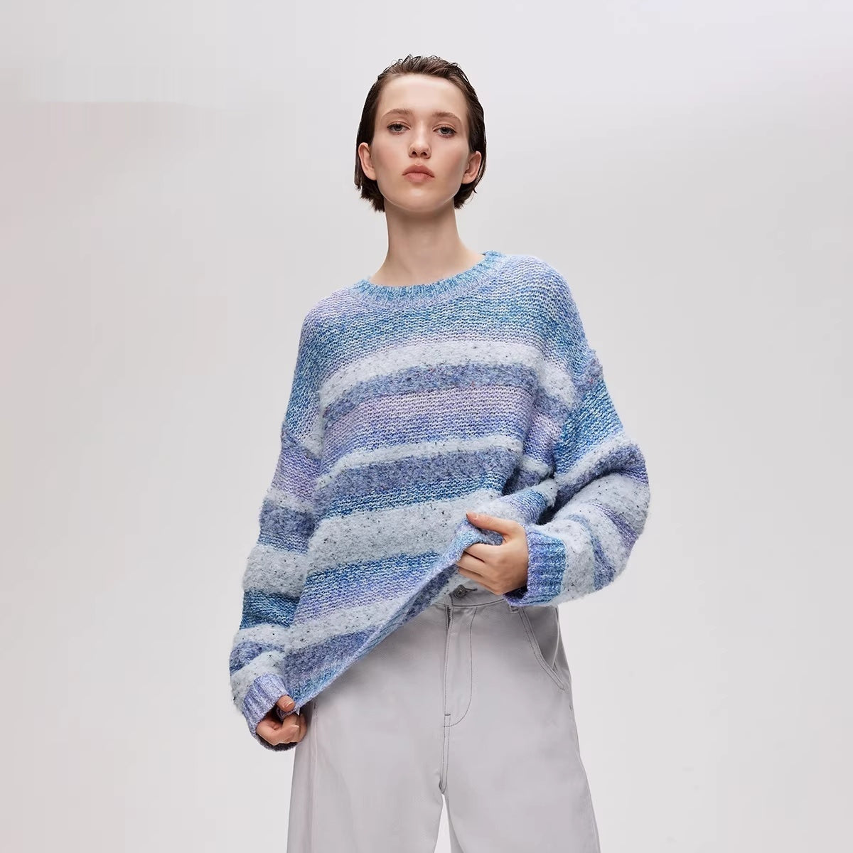 Gradient Striped Round Neck Loose-fitting Drop Shoulder Knit Sweater