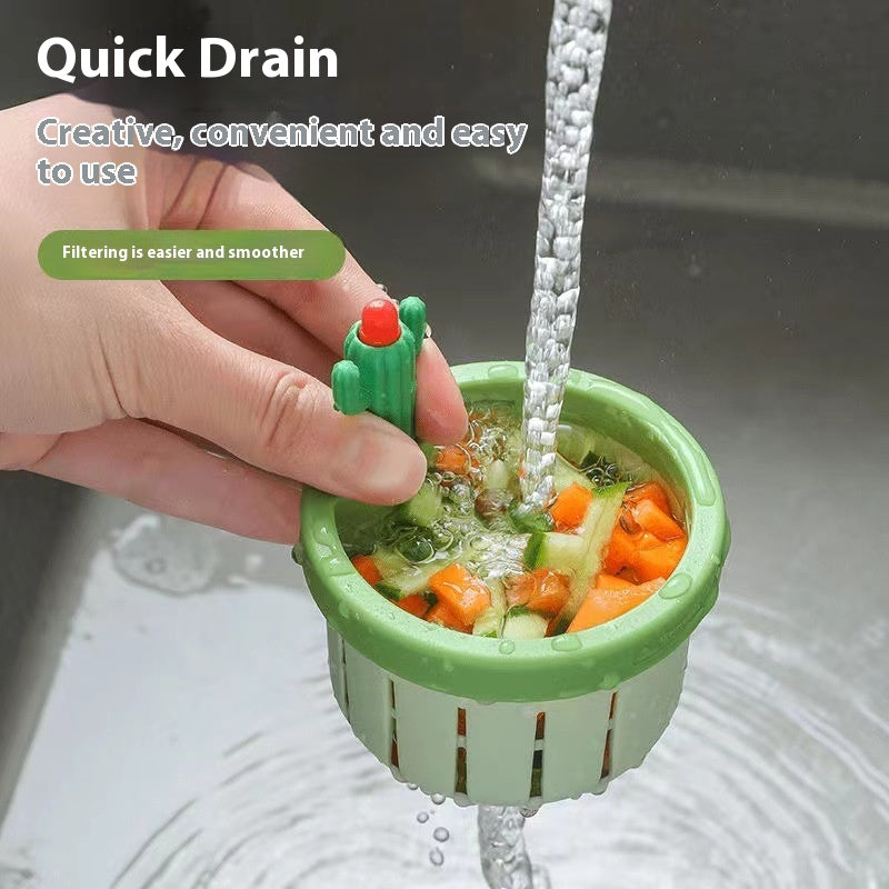 Cactus-style sink strainer with press-to-drain design for easy waste removal.