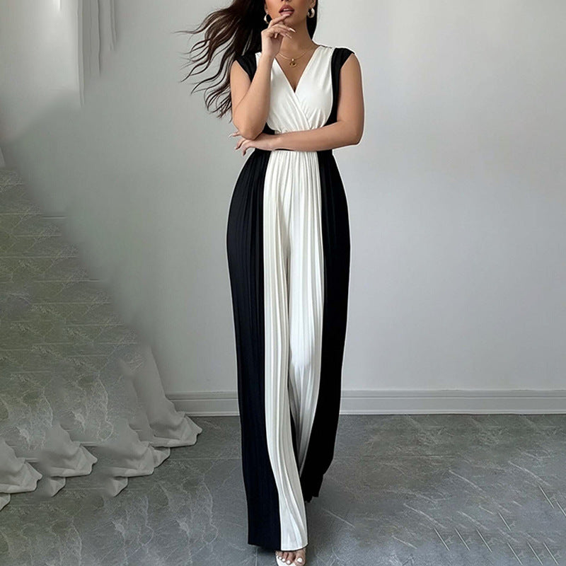 Women’s Elegant Long-Sleeve V-Neck Printed Jumpsuit