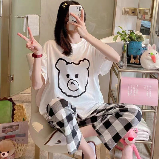 Female Summer Short Sleeve Trousers Casual Homewear Suit