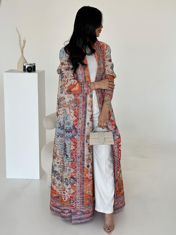 Pleated Print Cardigan Long Coat Arabic Robe Plus Size