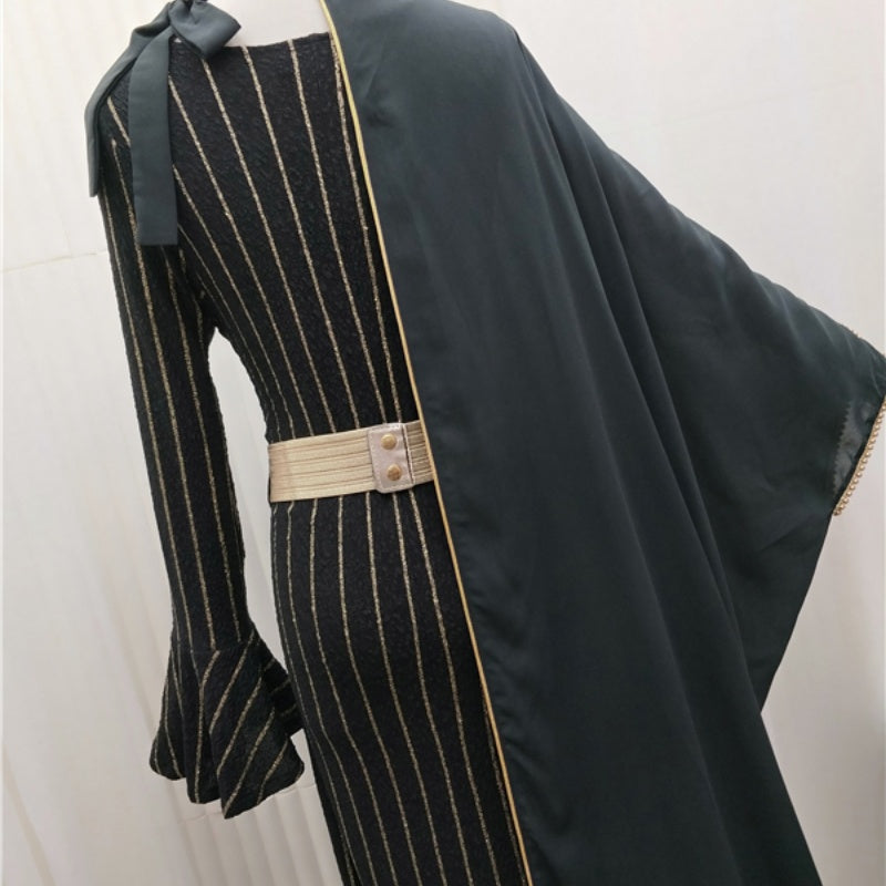 Queen Style Split Two-piece Suit Striped Robe Dress Pearl Embroidery Talma Cloak for Muslim Women