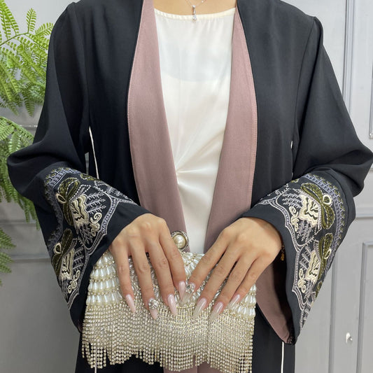 Muslim Women's Simple Colorblock Embroidery Coat Dress Robe