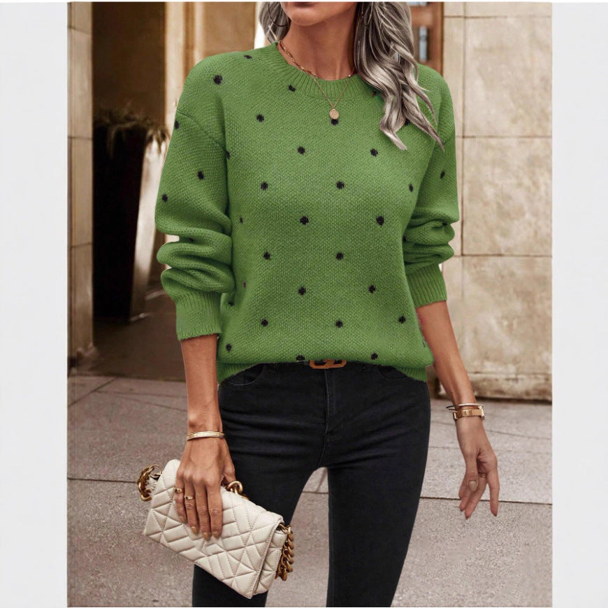 Fashion Polka Dot Print Pullover Sweater Casual Long-sleeved Knitted Tops Women's Clothing