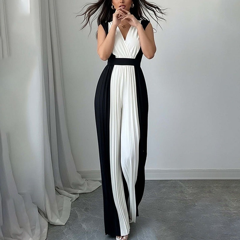 Women’s Elegant Long-Sleeve V-Neck Printed Jumpsuit