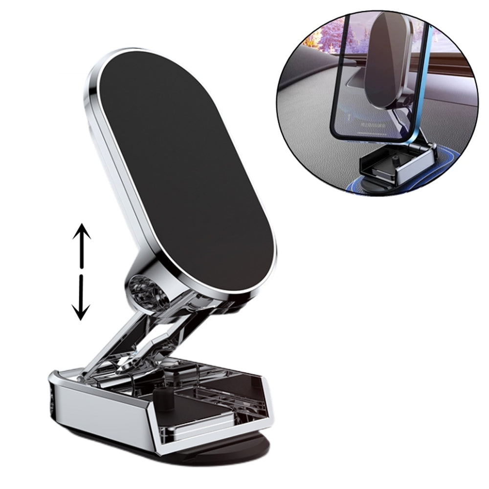 Foldable magnetic car phone holder with 360° rotation for secure hands-free use.