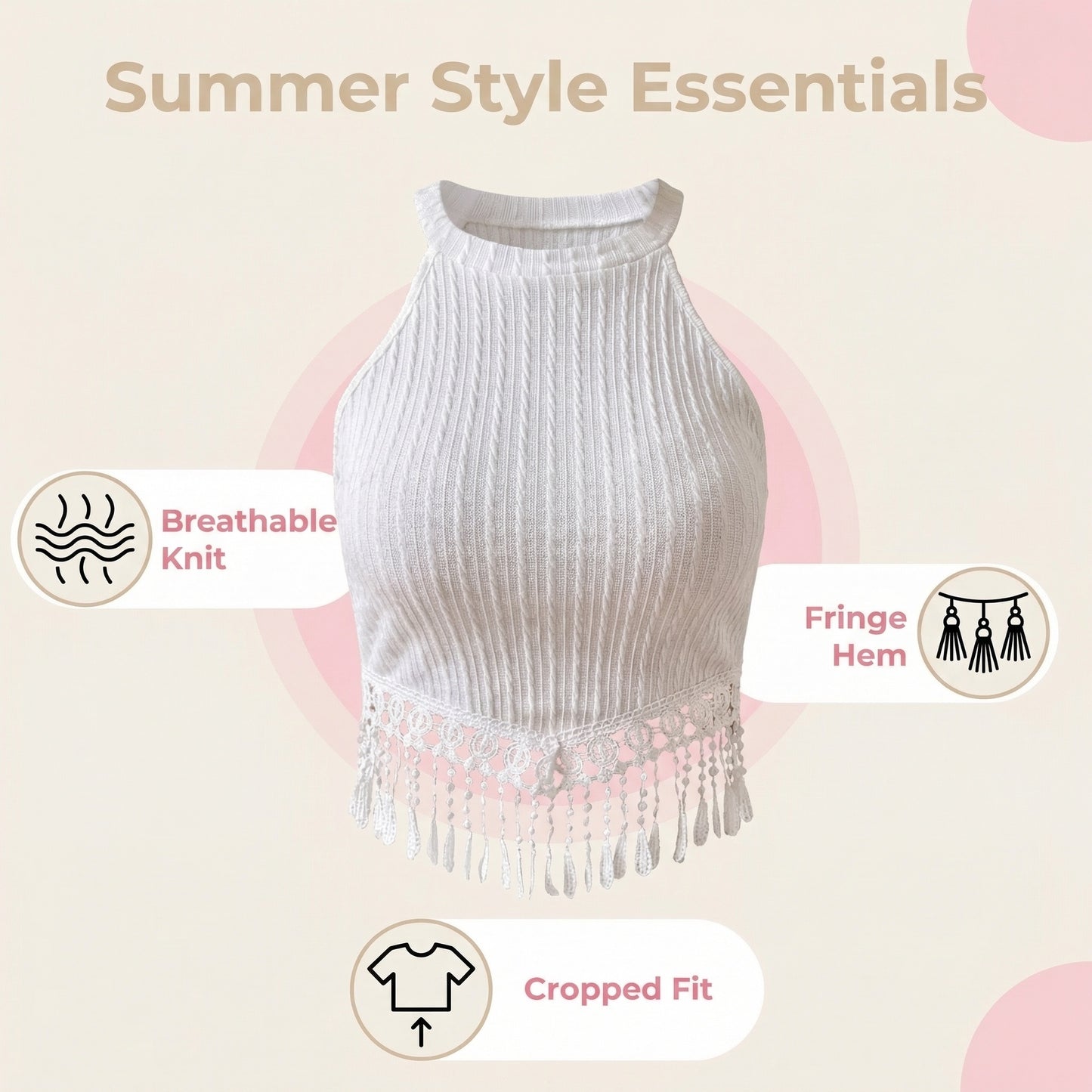 New Fashion Elegant Tassel Crop Top Slim-Fitting Slimming Navel-Exposing Top